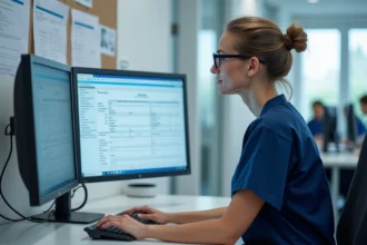 Administratrice informatique hospitalière configurant le logiciel c.netsoins sur un poste de travail à double écran dans un bureau médical moderne