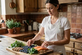 Femme préparant des aliments anti-inflammatoires naturels dans une cuisine rustique en bois