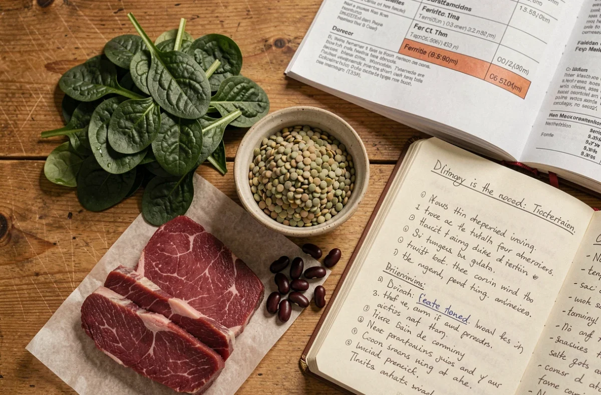 Aliments riches en fer, rapport médical et notes personnelles sur une table en bois illustrant la gestion d'un excès de ferritine et l'auto-immunité