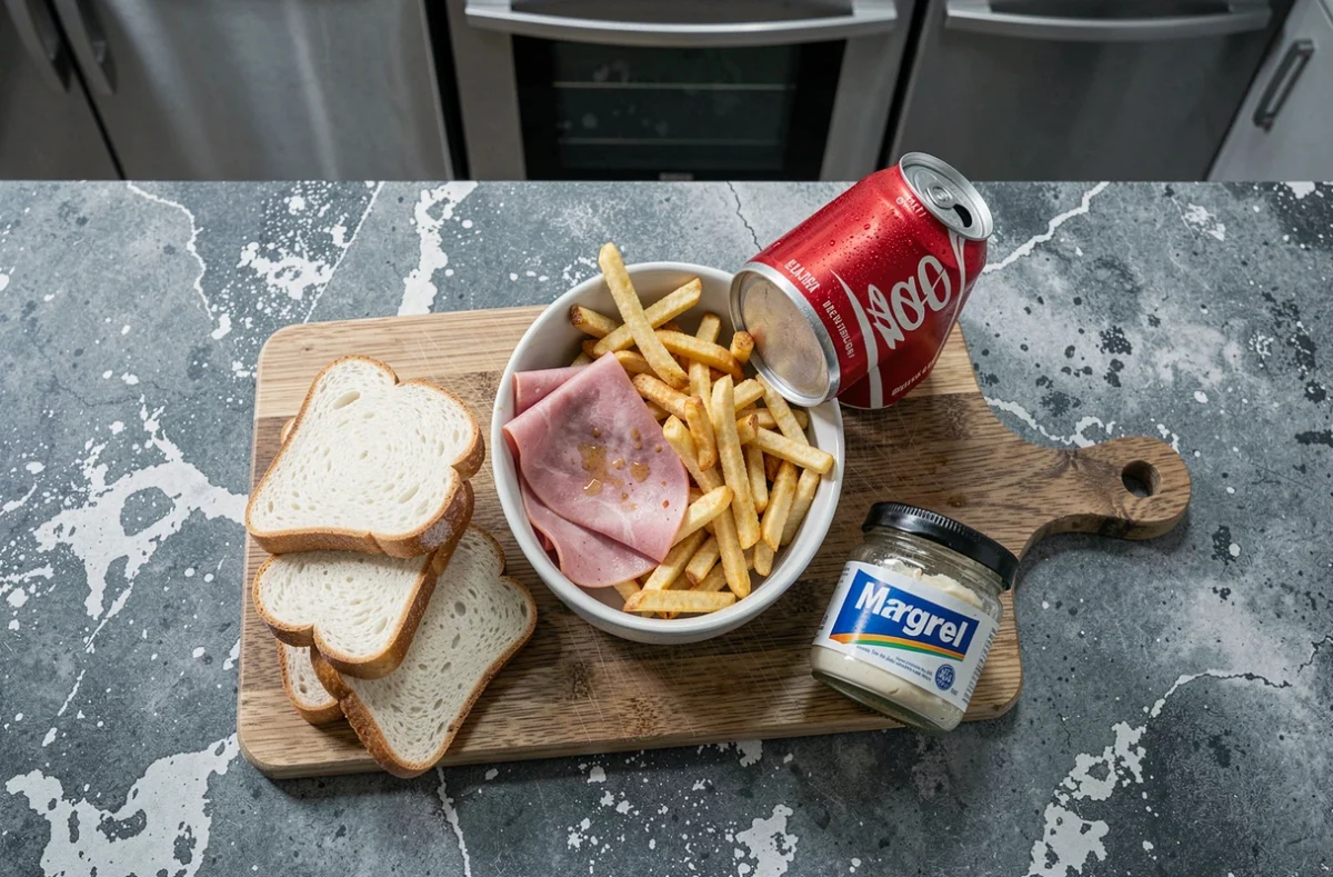 Vue aérienne d'aliments ultra-transformés et pro-inflammatoires à bannir de son alimentation