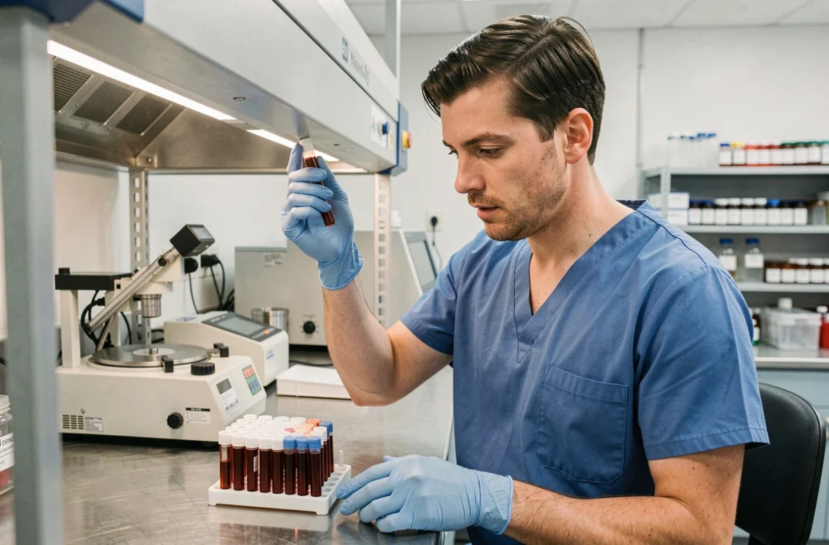 Technicien de laboratoire analysant des tubes de sang pour détecter un excès de ferritine lié à des pathologies auto-immunes