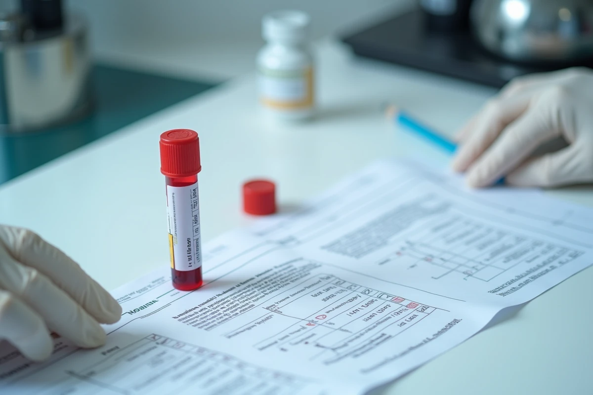 Tube de prise de sang et rapport d'analyses biologiques avec valeurs de transaminases SGPT élevées sur un plan de laboratoire