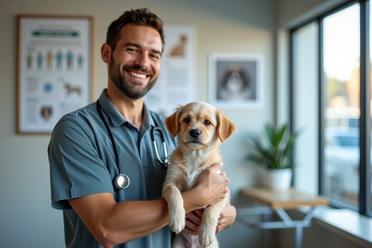 Assistante veterinaire tenant un petit chien dans la clinique