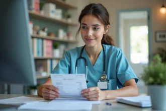 Assistante veterinaire en bureau avec fiche de paie