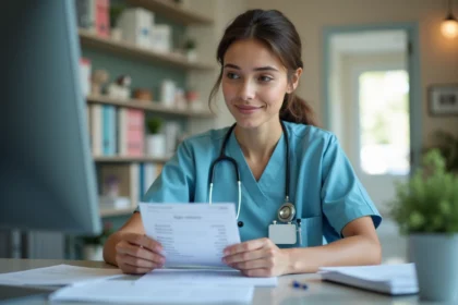Assistante veterinaire en bureau avec fiche de paie