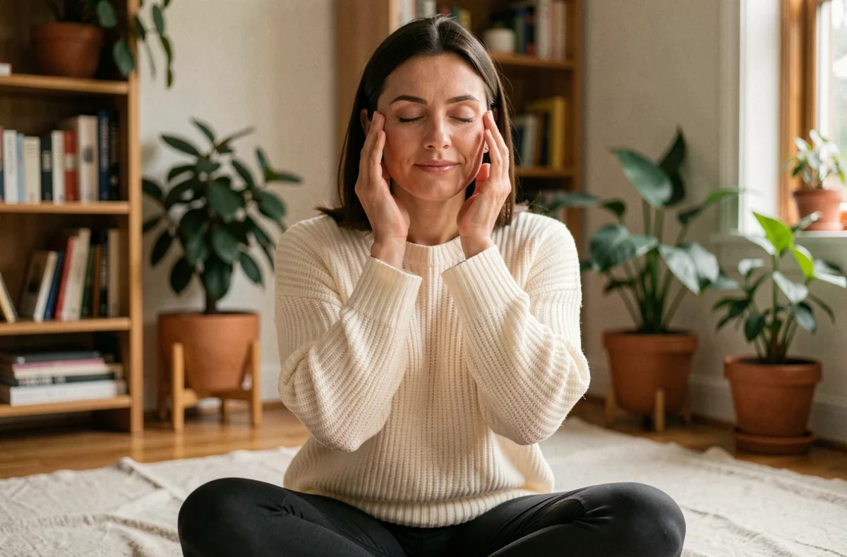 Femme pratiquant un auto-massage facial naturel à domicile pour soulager les symptômes de paresthésie du visage