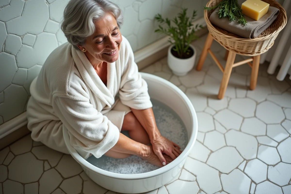Femme âgée faisant un bain de pieds au sel marin pour soulager les jambes gonflées après la marche
