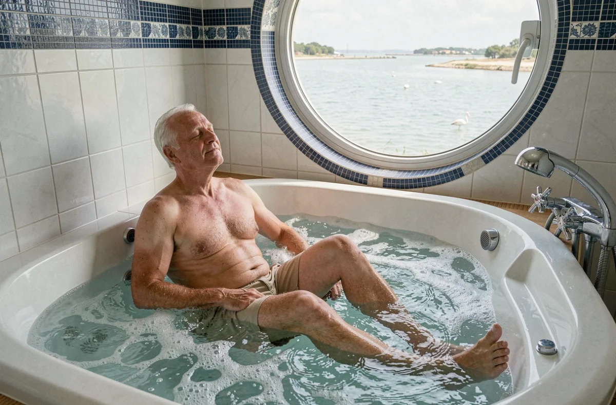 Homme en balnéothérapie dans un bain thermal minéralisé à Balaruc-les-Bains, avec vue sur l'étang de Thau, pour le traitement des douleurs articulaires