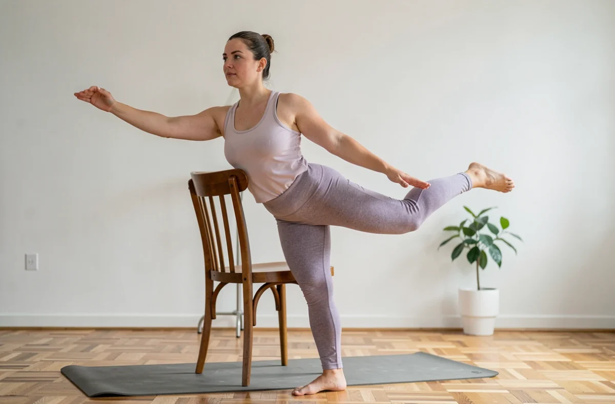 Femme faisant du barre fitness Ă domicile avec une chaise en bois pour perdre du poids