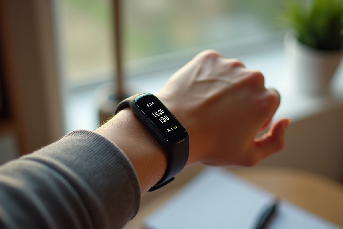 Bracelet fitness affichant pas et distance en intérieur