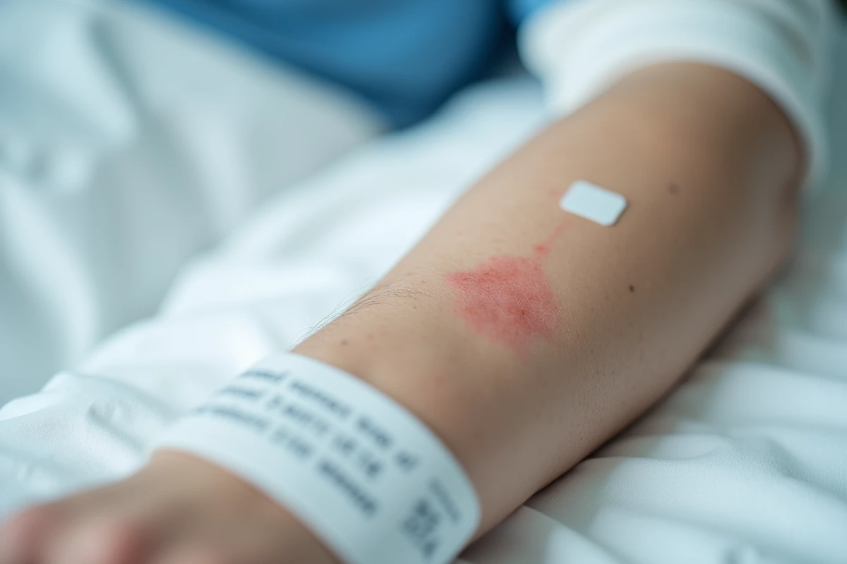 Détail du bras d'un patient avec pansement après injection de produit de contraste pour IRM