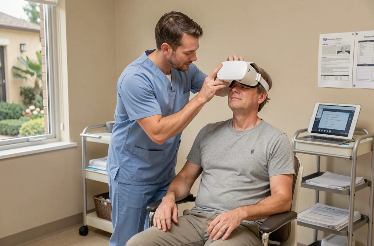 Infirmier installant un casque de réalité virtuelle thérapeutique sur un patient dans une salle de soins hospitalière