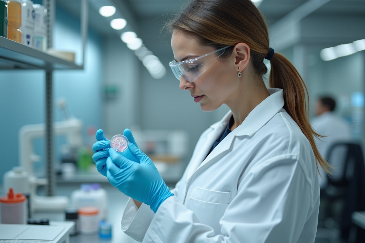 Chercheuse en laboratoire examinant une boîte de Pétri