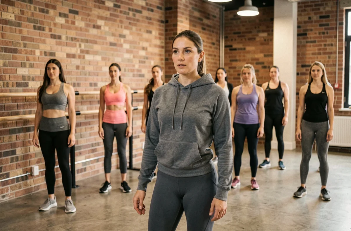 Coach de barre fitness guidant un cours collectif pour la perte de poids en studio