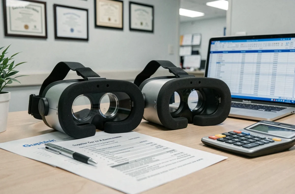 Comparaison de casques de réalité virtuelle thérapeutique sur un bureau d'administrateur hospitalier avec devis fournisseurs
