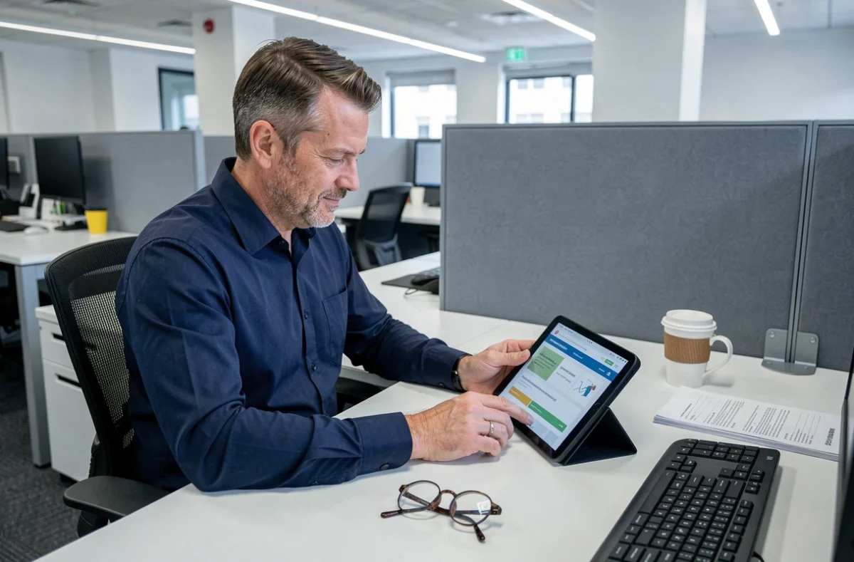 Homme consultant un comparatif de mutuelle santé sur une tablette dans un bureau professionnel