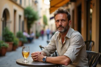 Homme réfléchi devant un verre de pastis sur une terrasse de café français, illustrant la consommation modérée d'alcool anisé