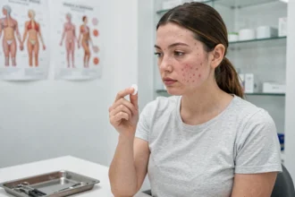 Jeune femme en consultation dermatologique examinant un patch anti-acné de type Circles sur son doigt