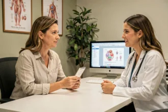 Femme consultant une gynécologue avant une intervention pour polype utérin, prenant des notes lors de la consultation médicale