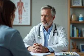 Médecin consultant un patient avant la prise du supplément GCA 2700, avec dossier médical ouvert sur le bureau