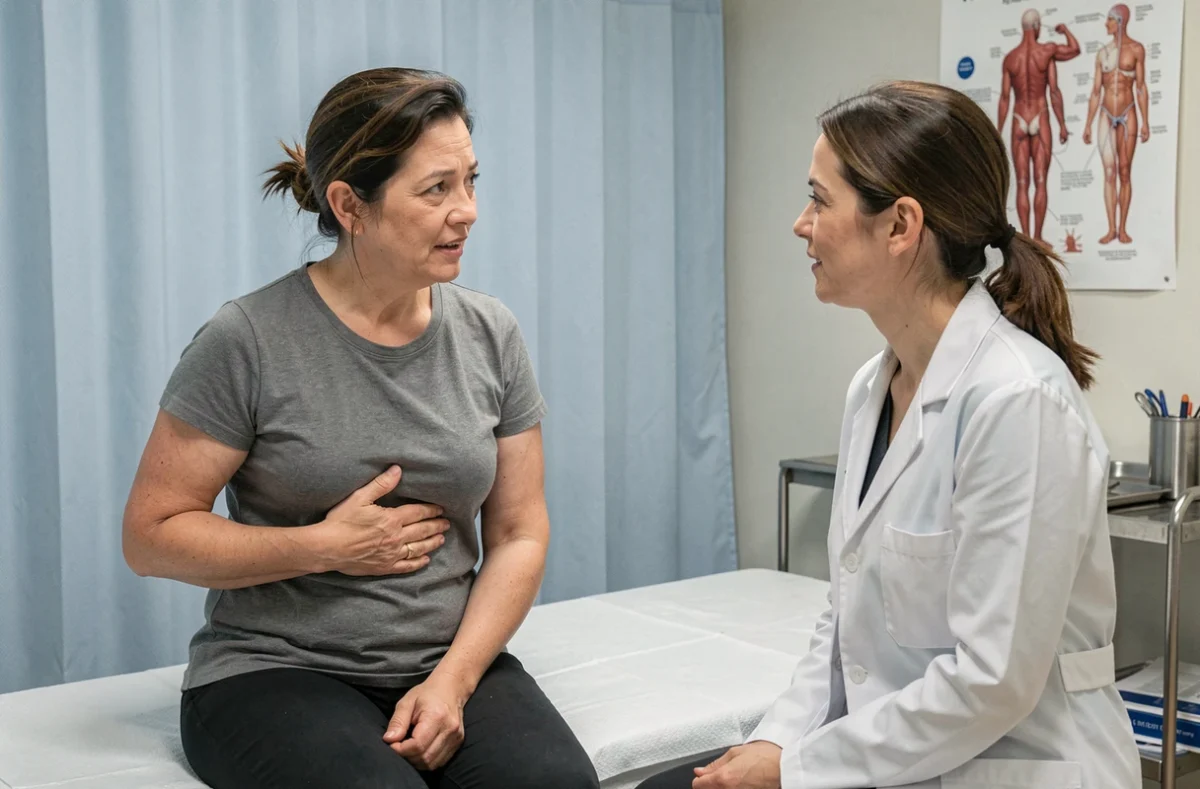 Patiente montrant sa douleur sous les côtes droites à une médecin lors d'une consultation médicale