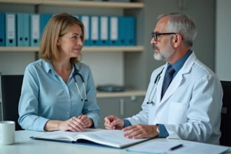 Femme patient en consultation avec un médecin dans un cabinet moderne