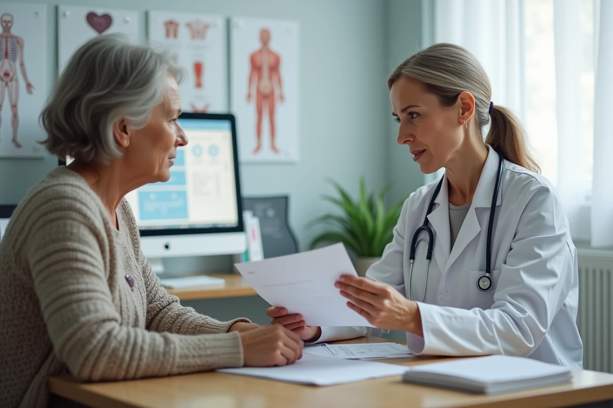 Médecin femme en consultation avec une patiente de plus de 50 ans pour discuter de symptômes de démangeaisons pouvant indiquer un cancer gynécologique ou cutané