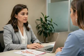 Femme transgenre en consultation médicale avec une gynécologue dans un cabinet moderne, échangeant sur la santé intime et les réalités anatomiques post-opératoires