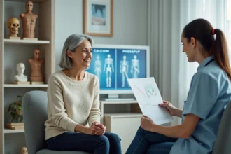 Femme moyenne âge en consultation médicale osseuse