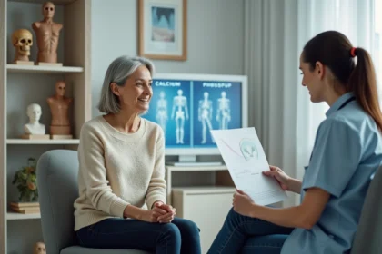 Femme moyenne âge en consultation médicale osseuse