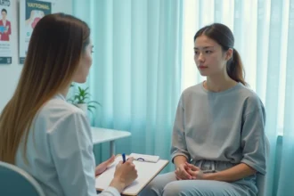 Femme en consultation médicale discutant d'un problème cutané intime avec son médecin généraliste