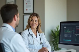 Médecin expliquant des résultats sérologiques IgG EBV positifs à un patient en consultation médicale