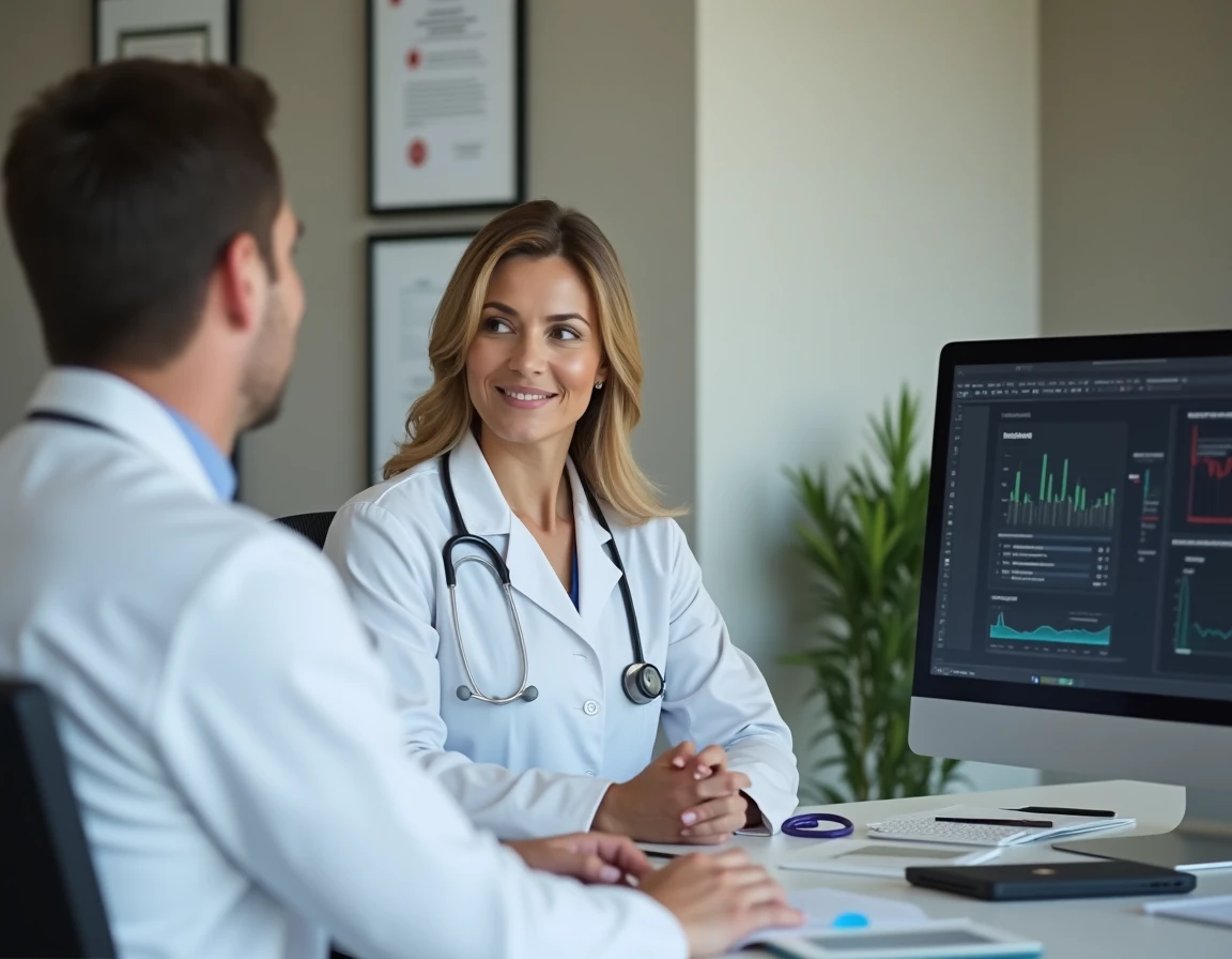 Médecin expliquant des résultats sérologiques IgG EBV positifs à un patient en consultation médicale