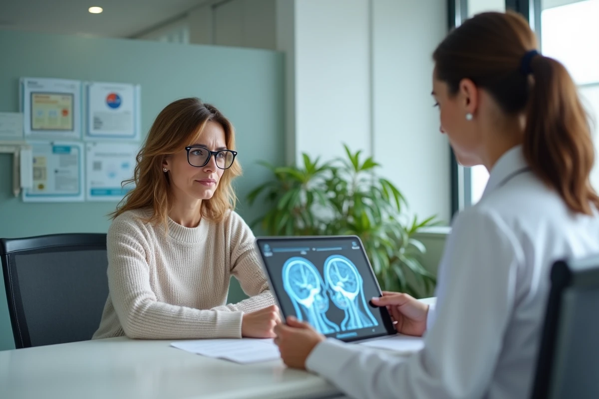 Femme âgée consultante avec neurologue dans un cabinet moderne