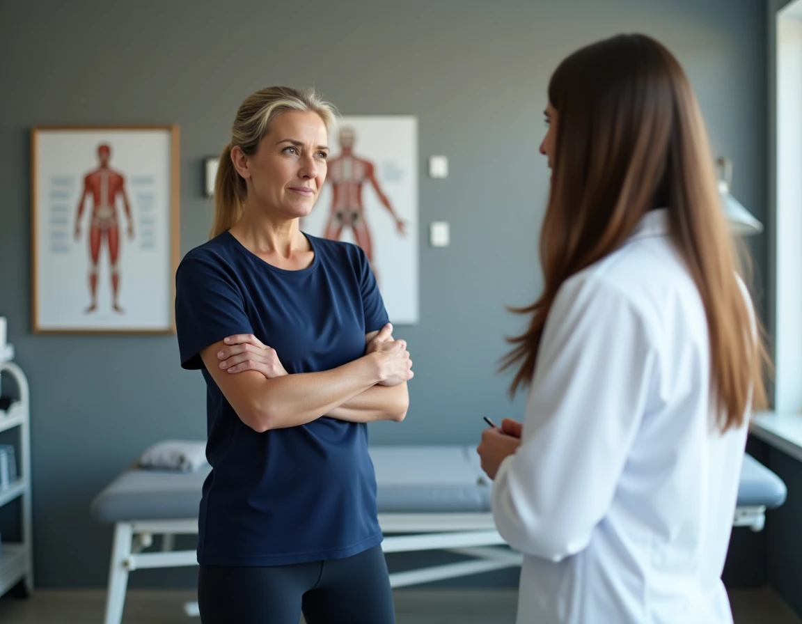 Femme consultant une physiothérapeute pour une douleur chronique au muscle du bras gauche dans une clinique moderne