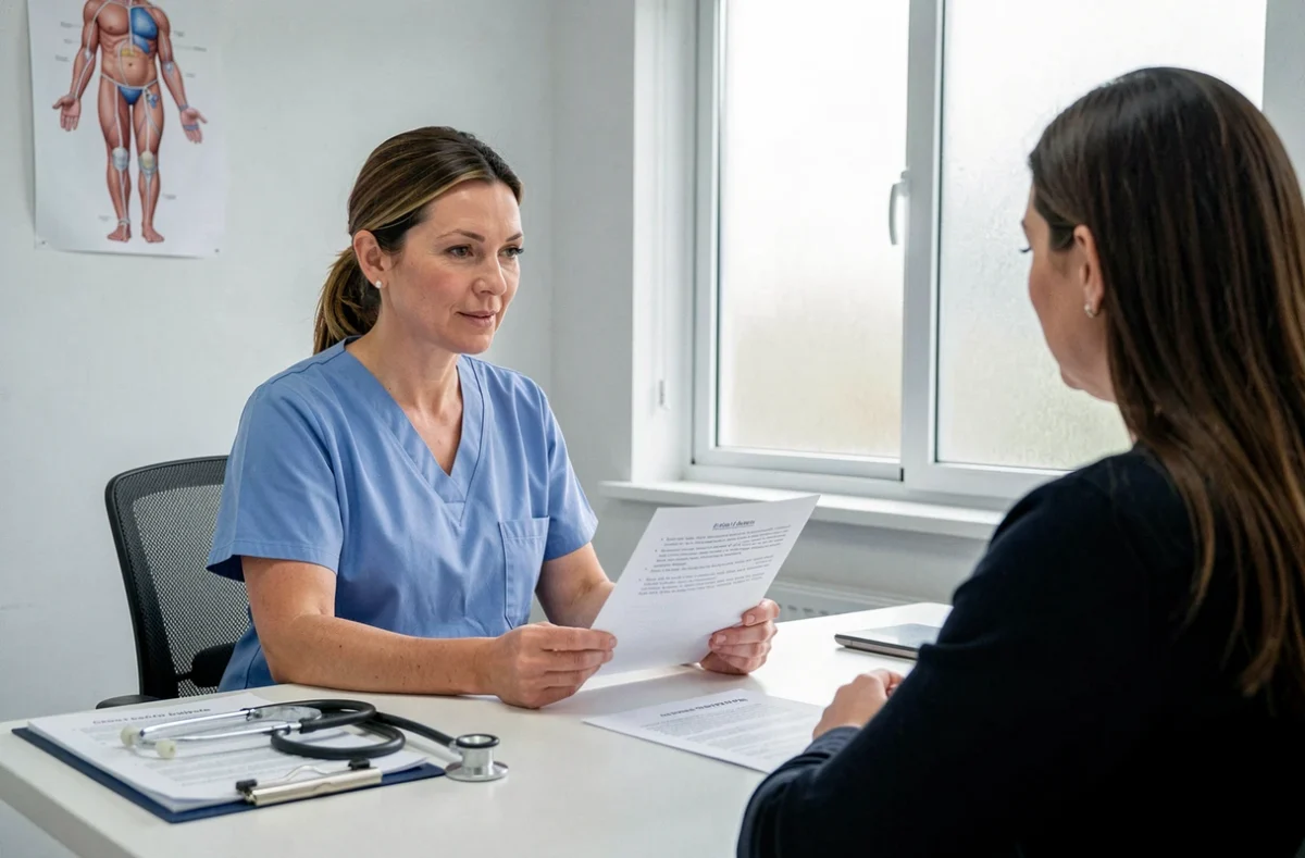 Consultation médicale post-opératoire après ablation de trompe par coelioscopie, gynécologue expliquant les consignes de convalescence à une patiente
