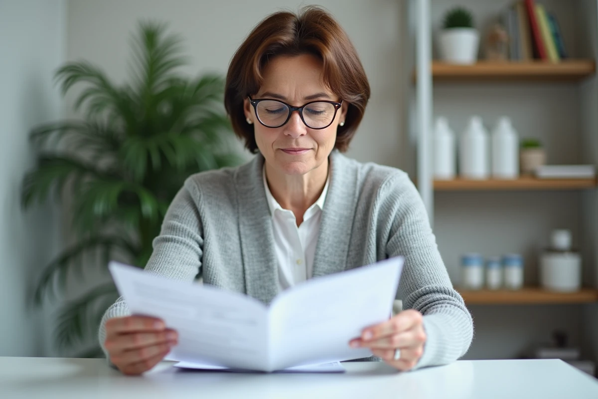 Femme consultant un document de suivi de traitement médical dans un cabinet de consultation moderne