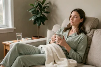 Femme en convalescence après une coelioscopie gynécologique, allongée sur un canapé avec une boisson chaude, illustrant le repos post-opératoire à domicile