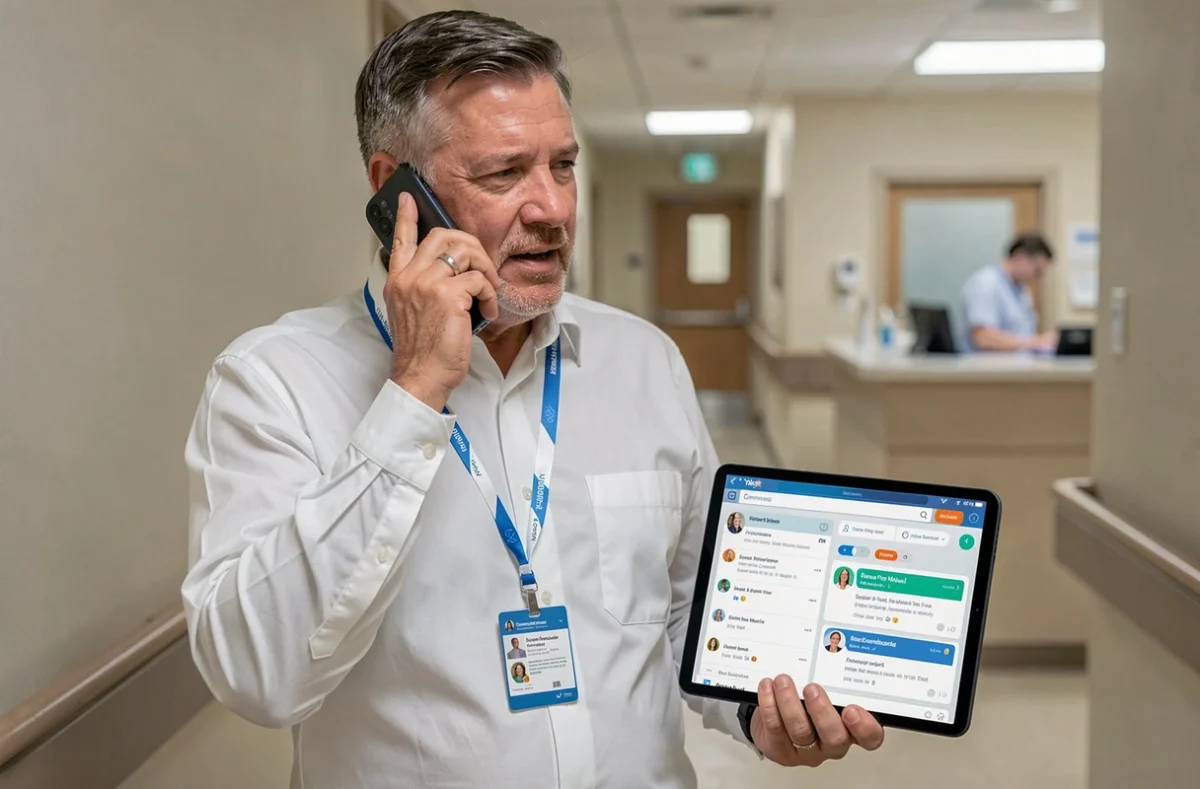 Coordinateur de soins communiquant avec une famille via une application sur tablette dans un couloir d'hôpital