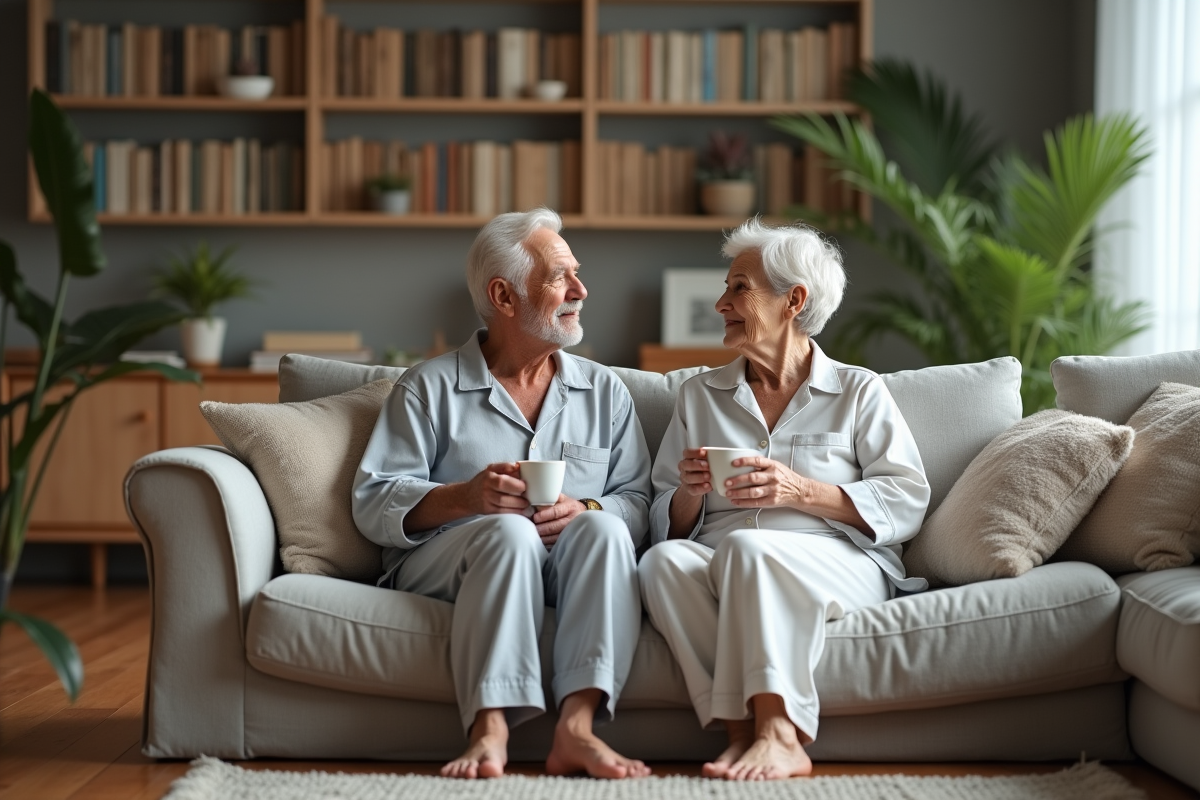 Couple âgé partage un thé dans le salon avant le coucher