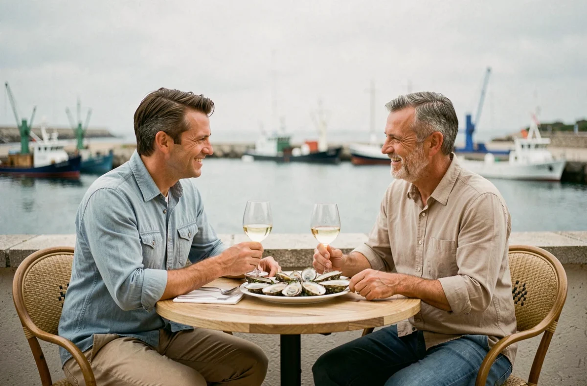 Couple partageant des huîtres et du vin blanc sur une terrasse de bord de mer dans une ambiance romantique et détendue