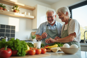 Couple senior préparant un repas sain dans une cuisine lumineuse
