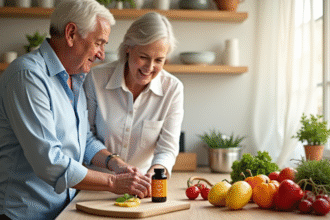 Couple senior préparant le petit déjeuner avec vitamine C liposomale