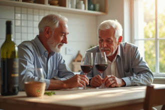 Couple senior dégustant un vin rouge dans la cuisine lumineuse