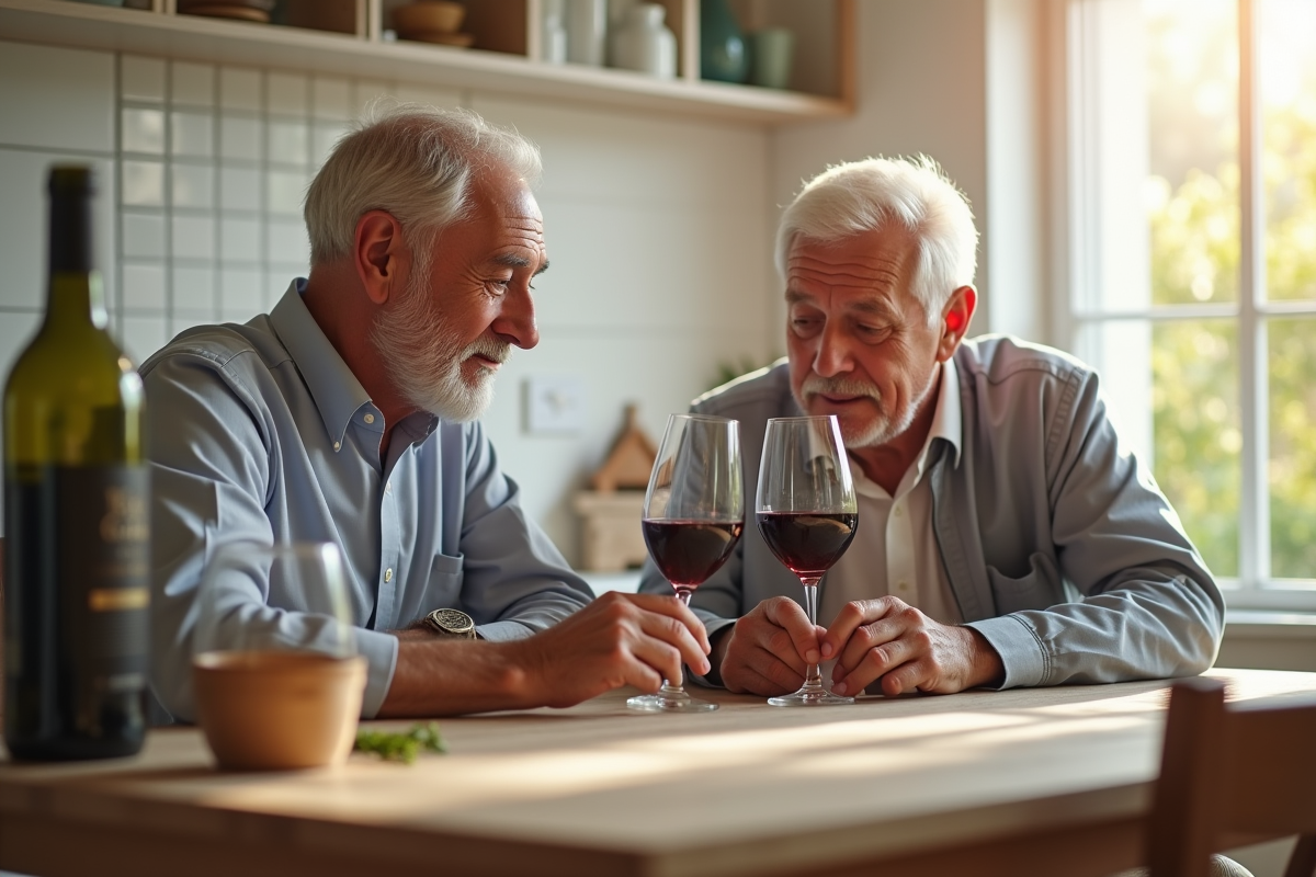 Couple senior dégustant un vin rouge dans la cuisine lumineuse