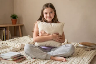 Jeune adolescente en sous-vêtement menstruel lavande assise sereinement sur son lit dans une chambre cosy et rassurante
