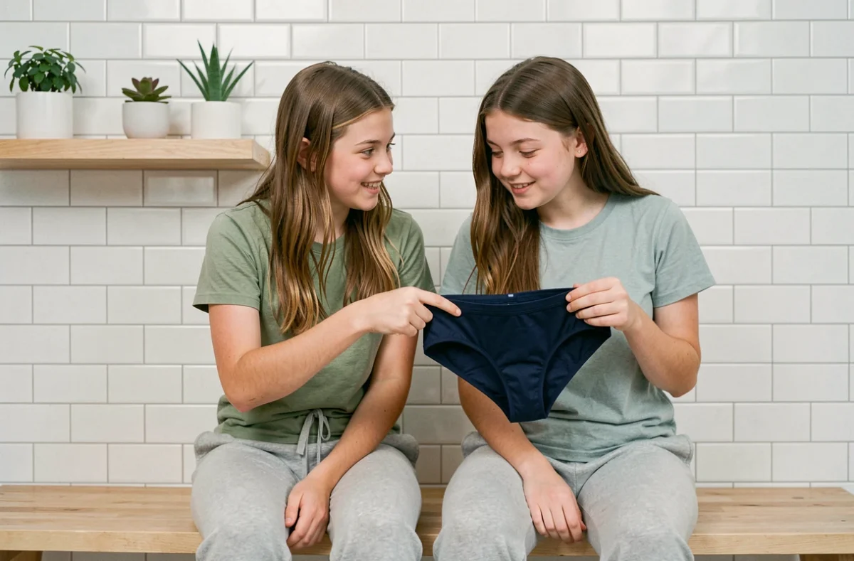 Deux adolescentes examinant ensemble une culotte menstruelle dans une salle de bain lumineuse et apaisante