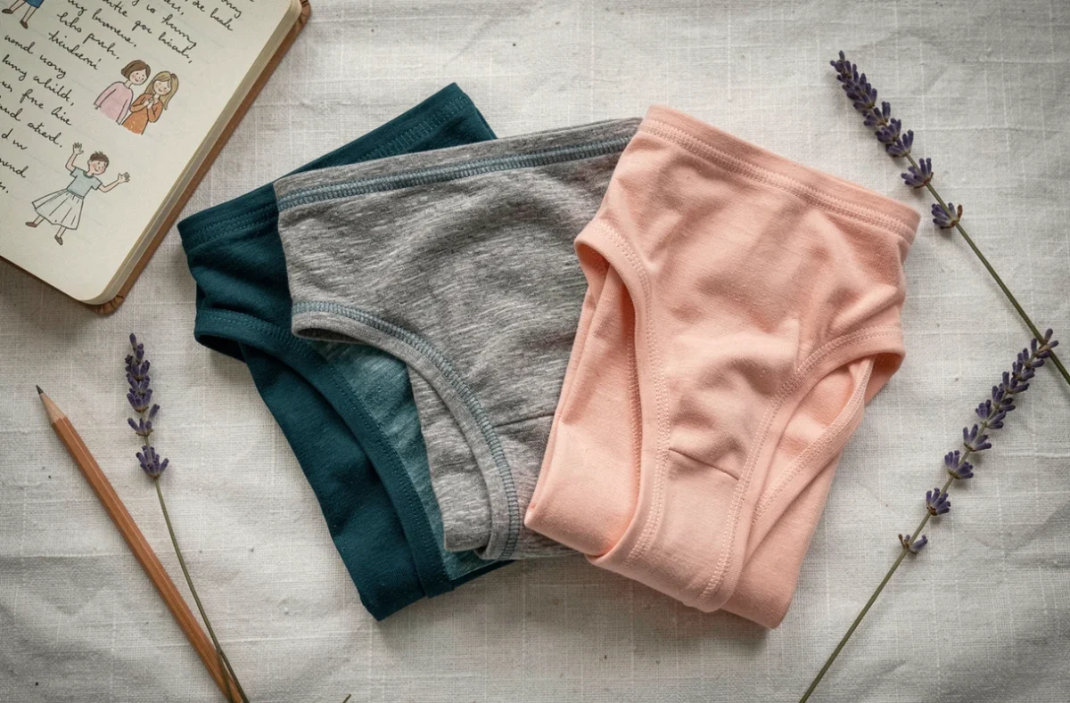 Culottes menstruelles pliées en couleurs variées posées sur du lin blanc avec un journal intime illustrant un moment rassurant pour les premières règles