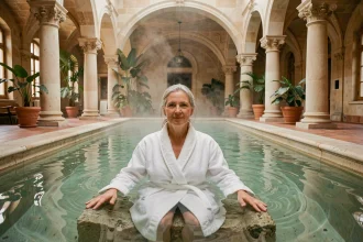Femme en robe de bain dans un bassin thermal historique aux arches en pierre, symbolisant les cures thermales pour les douleurs articulaires en rhumatologie