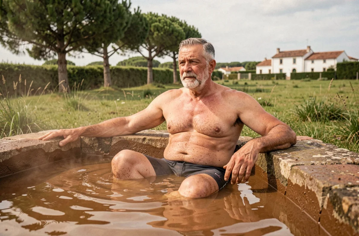 Homme se relaxant dans un bassin de boue thermale en plein air à Dax, station thermale historique de référence en rhumatologie dans les Landes